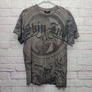 VTG‎ Skin Industries Graphic Tshirt Mens M Skater Grunge Goth Biker Gray AOP Y2K